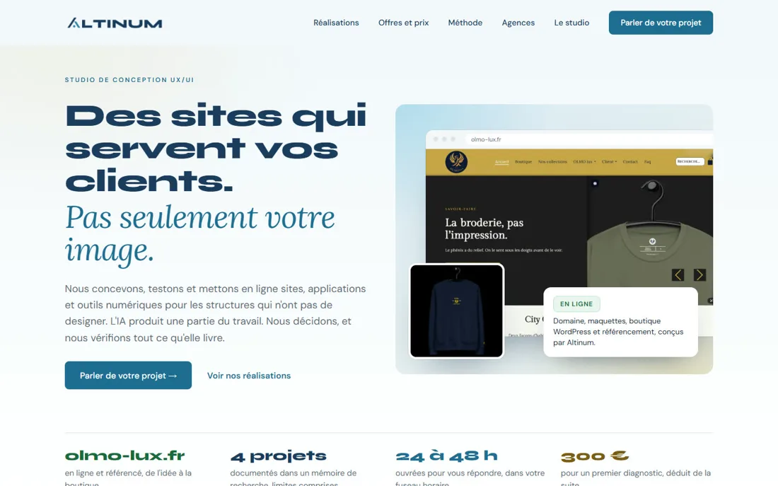Page d'accueil du site altinum.click, titre et bouton « Parler de votre projet », sur fond clair