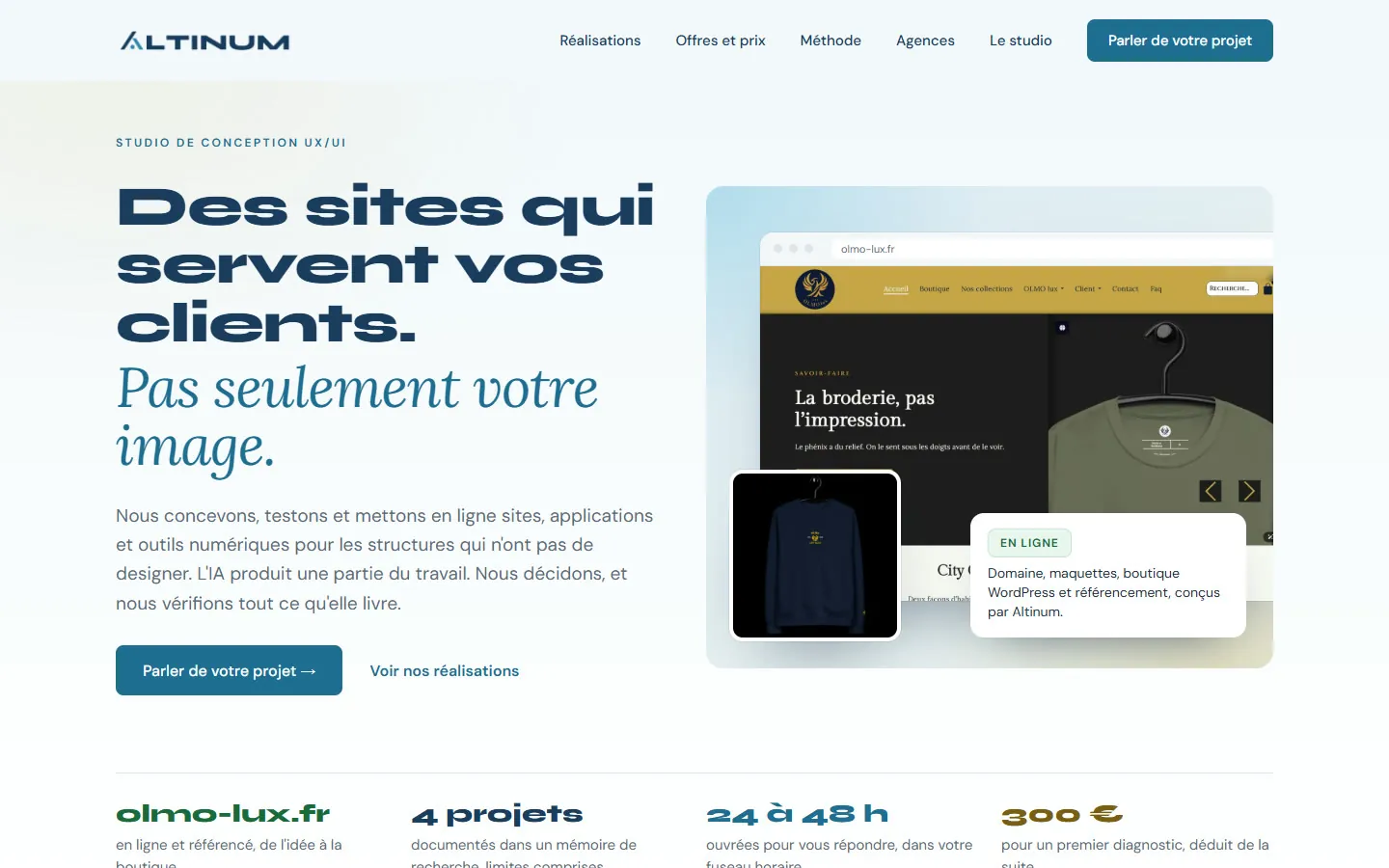 Page d'accueil du site Altinum : « Des sites qui servent vos clients », capture de la boutique OLMO lux et chiffres clés