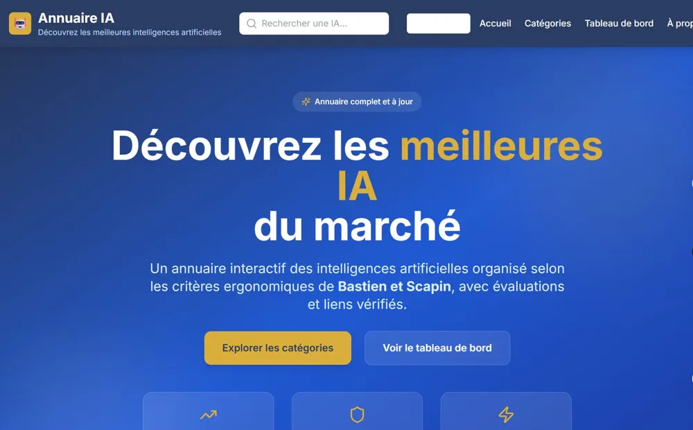 Page d'accueil de l'Annuaire IAS, titre « Découvrez les meilleures IA du marché »