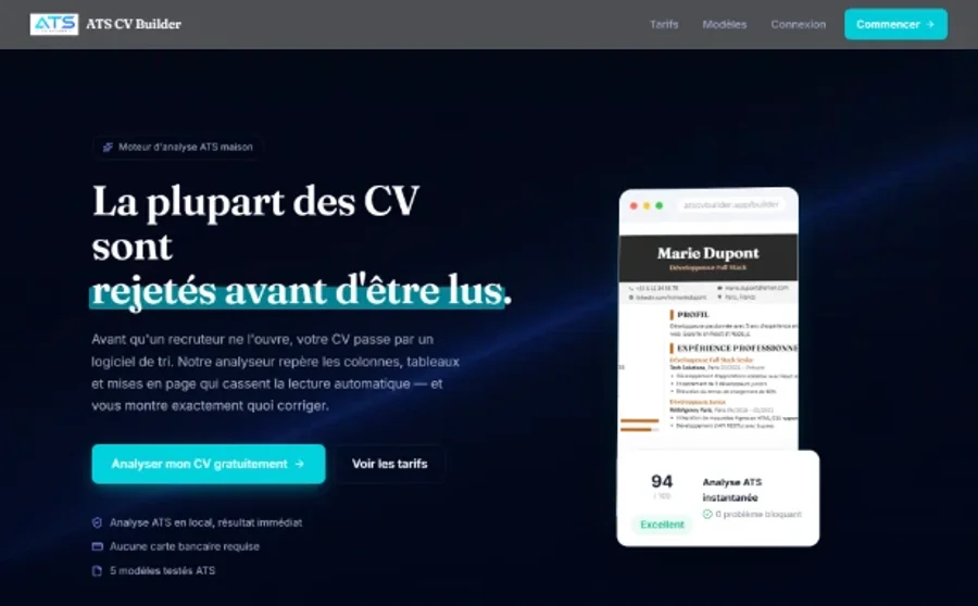 Version suivante, nommée ATS CV Builder : titre « La plupart des CV sont rejetés avant d'être lus » et aperçu d'un CV noté 94 sur 100