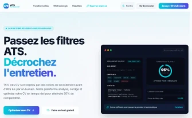 Première version, nommée ATS Performance : titre « Passez les filtres ATS. Décrochez l'entretien. » et tableau de bord sombre