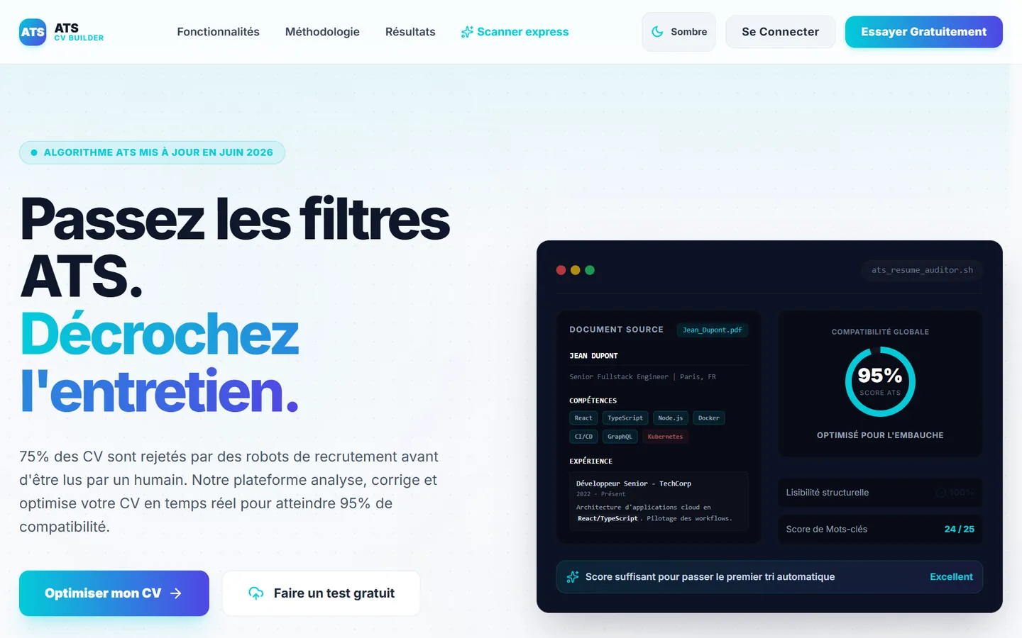 Version Google AI Studio d'ATS First : accueil « Passez les filtres ATS. Décrochez l'entretien. » avec un aperçu du score de compatibilité