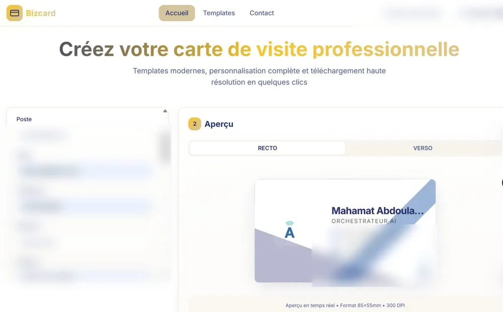 Interface de Bizcard, générateur de cartes de visite professionnelles