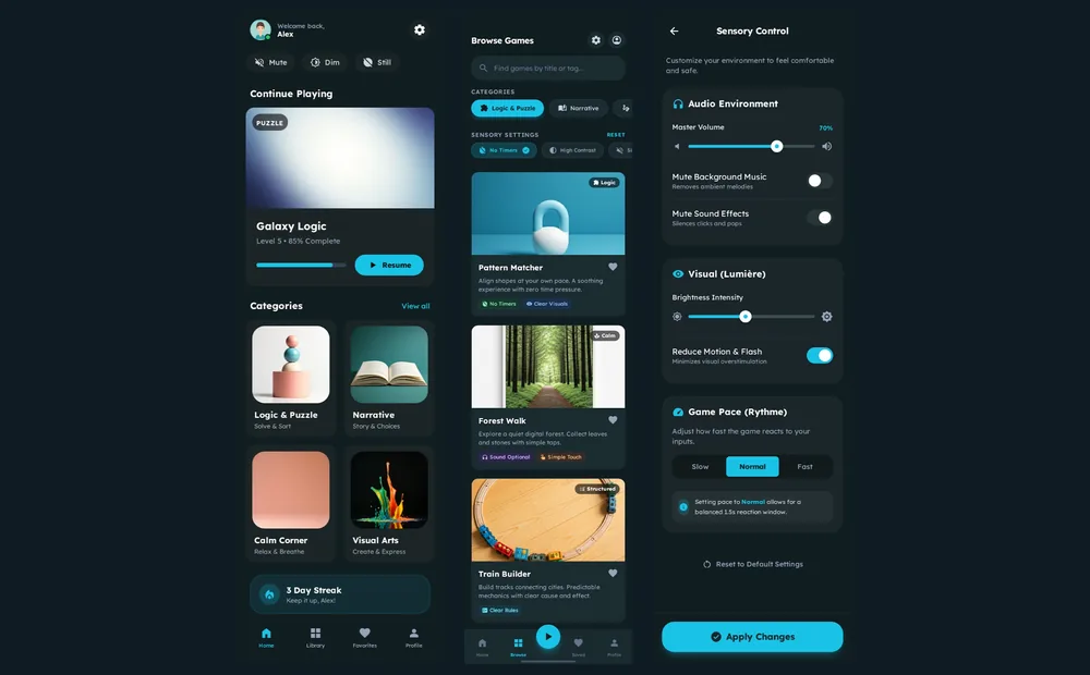 Trois écrans mobiles sombres : accueil avec raccourcis Mute, Dim et Still, liste de jeux avec réglages sensoriels, écran Sensory Control