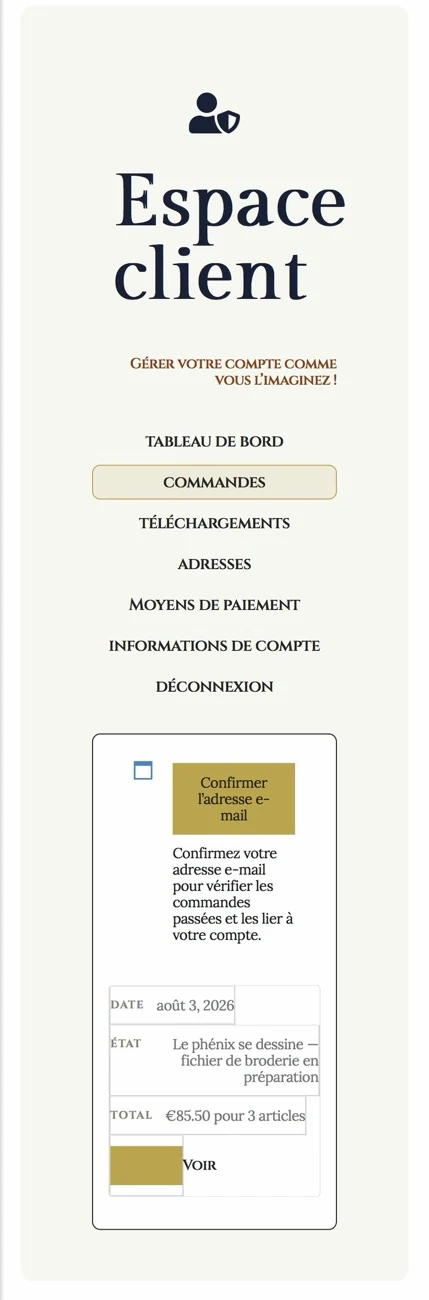Espace client mobile après correction : sept entrées de menu lisibles, de Tableau de bord à Déconnexion, et le détail d'une commande