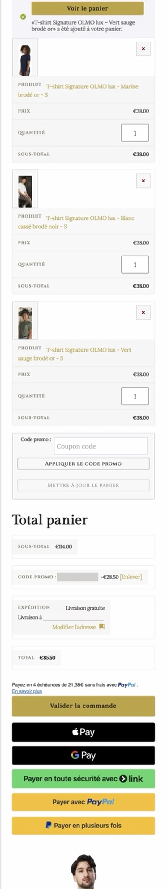 Panier mobile après correction : bouton Valider la commande en doré, puis boutons Apple Pay, Google Pay, Link et PayPal, tous lisibles