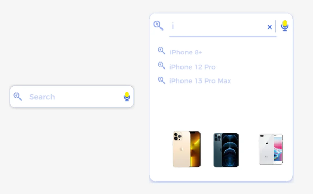 Barre de recherche au repos, puis ouverte avec trois suggestions de produits et leurs vignettes